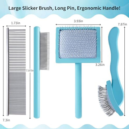 Blue Slicker Brush Long Haired Dog Wooden Handle Coated Pins | Gently Grooming Slicker Brush, Ergonomic Wooden Handle, Long-Haired Dogs, Long Pins for Grooming Goldendoodles Poodles - color: Blue