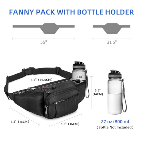 NOOLA Fanny Pack Waist Bag for Men Women, Lightweight Waist Pack with Water Bottle Holder, Adjustable Belt Bag with Multi-Pockets for Hiking, Dog Walking, Outdoor, Cycling, Running, Travel, Black - color: Black