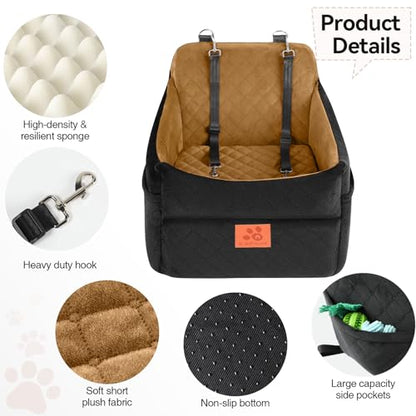 GL GLENSLAVE Dog Car Seat for Small/Medium Dogs, Dog Booster Car Seats with Thick Cushion for Dogs Under 35lbs, Detachable Washable Pet Carseat with Storage Pockets, 2 Safety Belts(Black/Coffee) - color: Black/Coffee