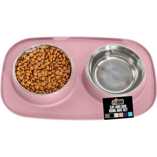 GORILLA GRIP Dog Bowl Set with Slip Resistant Silicone Feeding Mat, Food Grade 304 Stainless Steel Bowls, BPA Free, High Edge Spill Containment, Dishwasher Safe, Finger Notch Removal, 2 Cup, Pink - color: Light Pink, size: 2 Cup Bowls
