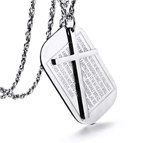 PROSTEEL Cross Necklace for Men Women, 316L Stainless Steel Dog Tag Cross/Dog Tags Military, Jesus Crucifix, Snake Cross, Black/Gold/Silver/Rose Gold/Blue Tone Cross Pendant, Come with Box - color: 2. Silver, style: 4. OUR FATHER WHO ART IN HEAVEN