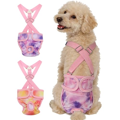 Washable Female Dog Diapers with Suspender, Reusable Dog Diapers Absorbent Leakproof(Tie-Dye Orange Yellow/Tie-Dye Purple XS, 2Pcs), Intended for Female in Heat Cycle - color: Tie-Dye Orange Yellow/Tie-Dye Purple, size: XS