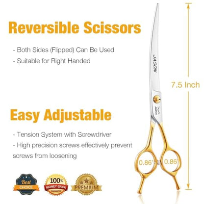 JASON 7.5" Curved Dog Grooming Scissors, Cats Grooming Shears Pets Trimming Kit for Right Handed Groomers, Sharp, Comfortable Shear