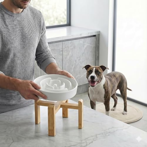 Elevated Slow Feeder Dog Bowl Large Breed, 8.8 Inch Ceramic Slow Eating Bowl with Screw-Assembled Bamboo Stand, Anti-Choking Raised Maze Design for Medium to Large Dogs, 3.2 Cup, White - color: White, size: 3.2 Cup（Screw Style）