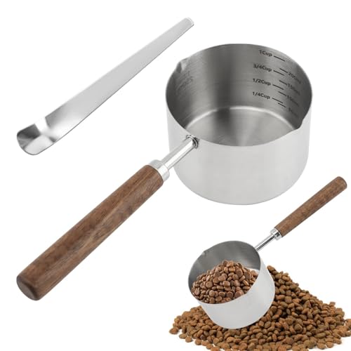 Dog Cat Food Scoop 1 Cup, 304 Stainless Steel Dog Food Measuring Cup with 410 Medium Scoop, Multi Purpose Tool with Walnut Wooden Handle for Pet Food, Rice, Flour, Precision Scale Measurements