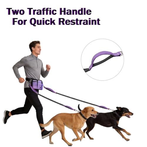 Hands Free Dog Leash for 2 Dogs, Adjustable Waist Belt, Reflective Stitching Leash with Double Padded Handles for Running, Hiking - color: Purple - 2 leash