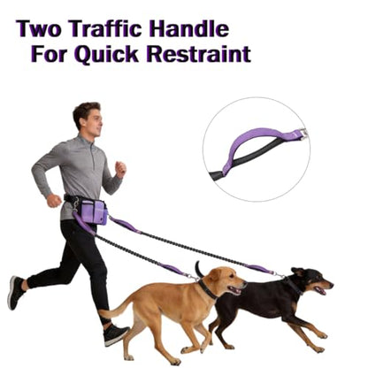 Hands Free Dog Leash for 2 Dogs, Adjustable Waist Belt, Reflective Stitching Leash with Double Padded Handles for Running, Hiking - color: Purple - 2 leash