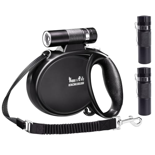 Happy & Polly 4-in-1 Dog Leash - Retractable, Heavy Duty, 16.4 ft with Flashlight & Bungee for Small Dogs