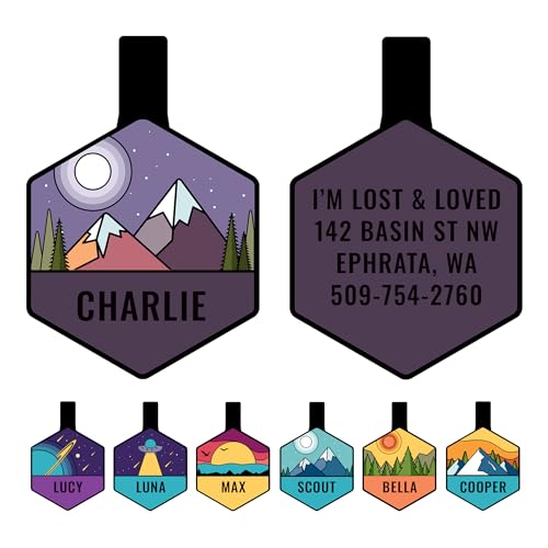 GoTags Silent Dog Tag, Personalized Engraved Hexagon Silicone Pet ID Tag | Dog and Cat Name, Number Address or Message, 5 Lines Custom Text, Soundless No More Jingling Dog Tags (Mountain Purple) - size: Hexagonal (Pack of 1), style: Mountain Purple