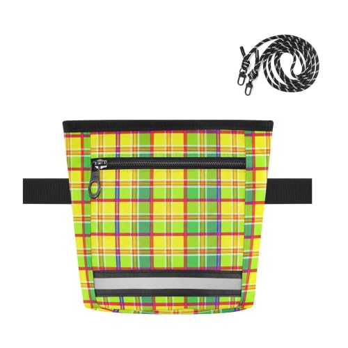 Plaid Water-Resistant Dog Treat Pouch, 3 Ways to Wear Treat Bag with Magnetic Closure & Reflective Strip, Hands-Free for Pet Training, Walking