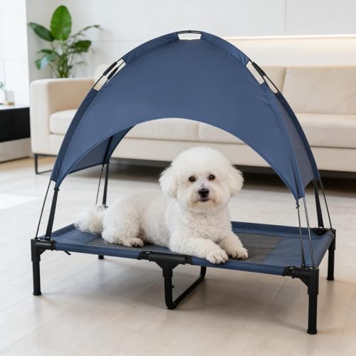 36" Ventilated Mesh Sofa Bed, Comfy Lounge Sofa with Shade Canopy, Fluffy Upholstered Dog Couch with Raised Frame for Outdoor Pet Leisure, Black,Dark Blue - color: Black,dark Blue
