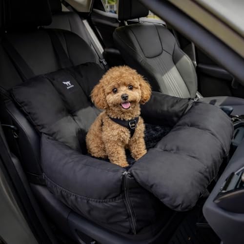 JACKO & CO Premium Dog Car Seat – Safe & Cozy Travel Bed Carrier for Small Dogs, Puppies, Cats, Pets, Clip-On Leash, Storage Pockets, Water-Resistant, Machine Wash (Black, Removable - Small (1-25lbs) - color: Black, size: Removable - Small (1-25lbs)