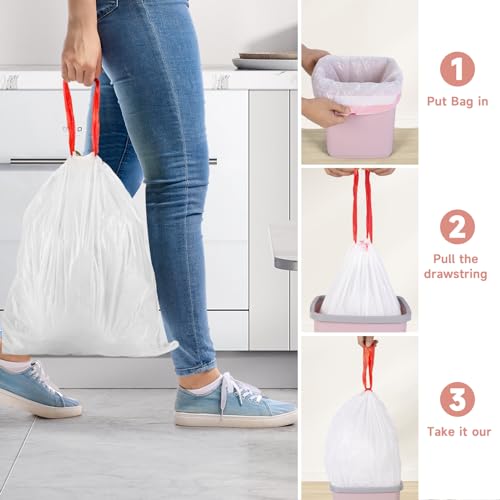Small Trash Bags Bathroom 2 Gallon - Drawstring Kitchen Garbage Bag 125 Count Clear White Mini Unscented Strong Durable Bulk Wastebasket Plastic Liners for Car Office Can - color: Drawstring-2Gal125