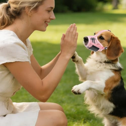 PUPTECK Dog Muzzle, Soft Adjustable Loop Reflective Pets Muzzle Prevent Biting Barking Chewing, Breathable Muzzle with Air Mesh Dog Mouth Guard Drinkable for Large Medium Small Sized, Pink Plaid M - color: Pink, size: M (Snout Cir: 5.5"-7.87")