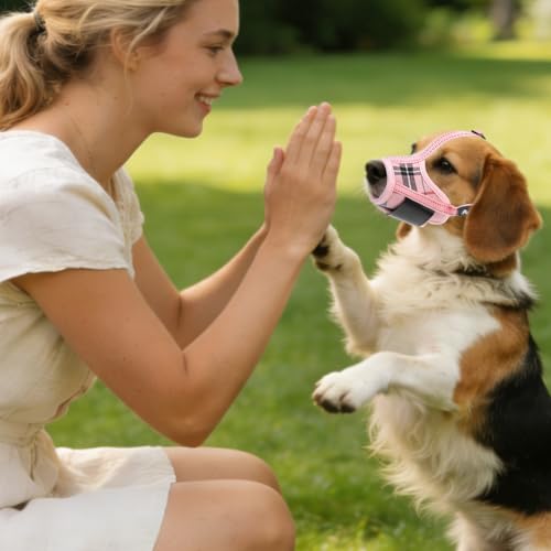 PUPTECK Dog Muzzle, Soft Adjustable Loop Reflective Pets Muzzle Prevent Biting Barking Chewing, Breathable Muzzle with Air Mesh Dog Mouth Guard Drinkable for Large Medium Small Sized, Pink Plaid L - color: Pink, size: L (Snout Cir: 7.09"-9.45")