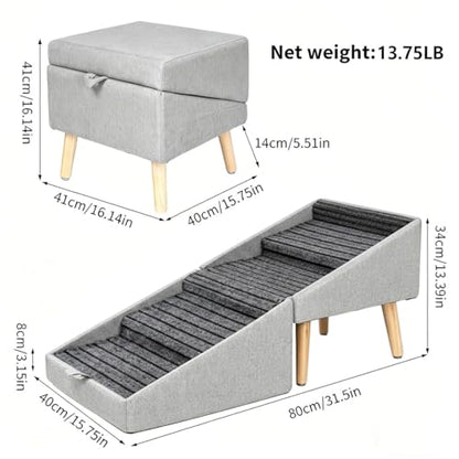 Dog Ramp for Couch Sofa and Low Bed, 13.5"H 2-in-1 Foldable Split Ottoman&Steps, Non-Slip Wooden Pet Stairs for Small Senior Injured Dogs & Cats