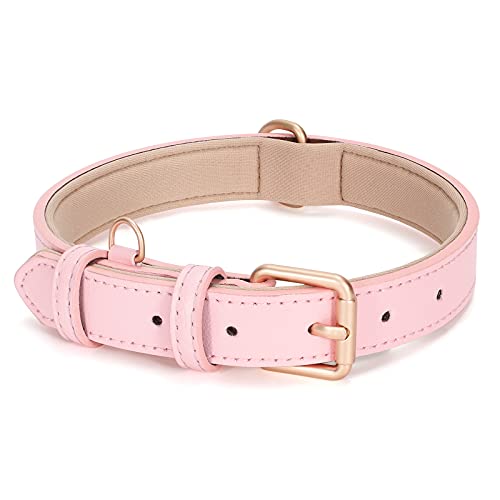 WHIPPY Leather Dog Collar for Small Medium Large Dog Adjustable Soft Breathable Leather Padded Puppy Collar with Alloy Buckle Heavy Duty Waterproof Classic Dog Pet Collar,Pink,M - color: pink, size: M:14" - 17"(0.98"width)