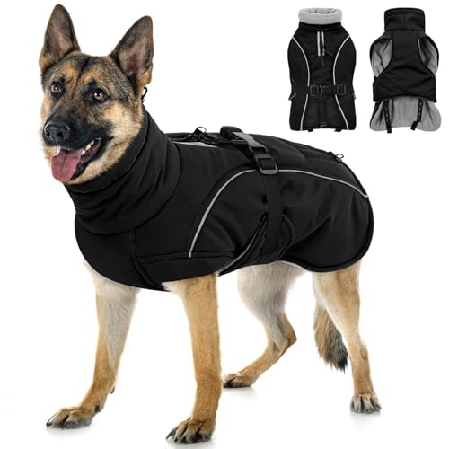 Queenmore Winter Dog Coat Warm Dog Jacket Vest Waterproof Puffer Fleece Snowsuit Adjustable Buckle Leash Hole Reflective Cold Weather Parka for Small Medium Large Dogs Girl Boy Black XL - color: Black, size: X-Large