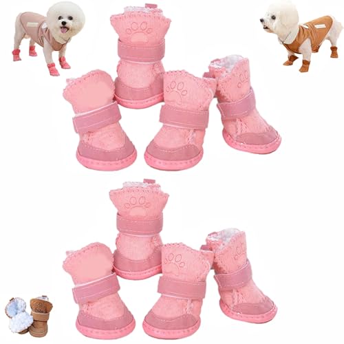 Winter Dog Shoes, Snow Boot Set Fashion Waterproof Non Slip, Dog Booties for Snow and Ice Waterproof, Adjustable Fleece DogShoes, Shoes for Small Medium Dogs - color: Pink X2, size: Medium