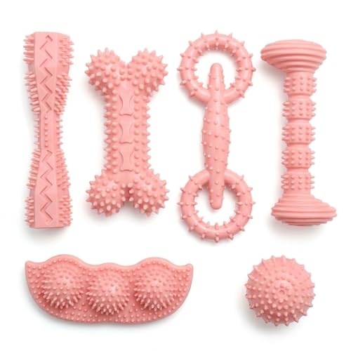 Puppy Chew Toys 6 Pack, Soft TPR Teething Toys for Puppies 2–10 Months, BPA Free Non Toxic Set with Treat Dispensing Stick, Tug Ring & Squeaky Ball for Small Medium Dogs (Pink) - color: Pink