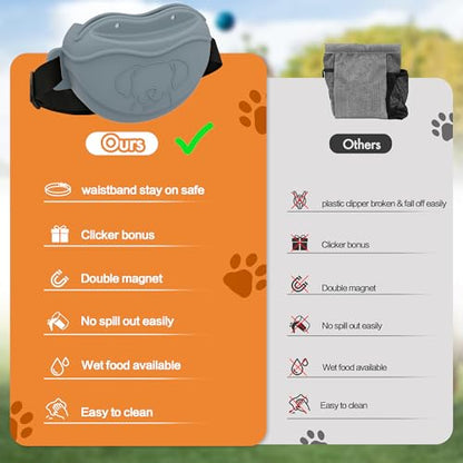 Dog Treat Pouch - Premium Silicone - Upgrade 4 Strong Magnets Enhanced Magnetic Closure, Adjustable Waist Belt - Ideal for Puppy Training and Outdoor Walks - Grey - color: Grey