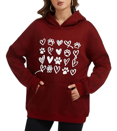 Womens Dog Paw Hoodie-Long Sleeve Pullover Fleece Lined Dog Mom Sweatshirts with Pocket - color: A-dark Red, size: Large
