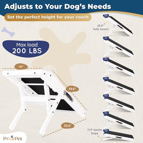 Dog Ramp for Couch – Non-Slip, Sturdy Build Foldable Wooden Dog Ramp – Supports up to 200 lbs – 7 Adjustable Heights (14"–20.5") – Enhanced Stability – Birchwood Pet Ramp for Small Dogs – White - color: White