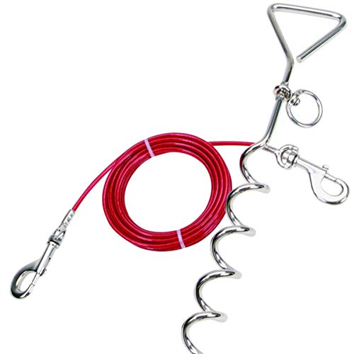 Katzco Chrome Dog Corkscrew Stake with Leash Lead - 25 Foot Cable with 80 lb Pull Strength - Heavy-Duty Outdoor Tie-Out for Large, Medium, and Small Energetic Dogs - Backyard Summer Dog Run - Red - size: Chrome Dog Tie-Out Stake with 25ft Cable (1-Pack)