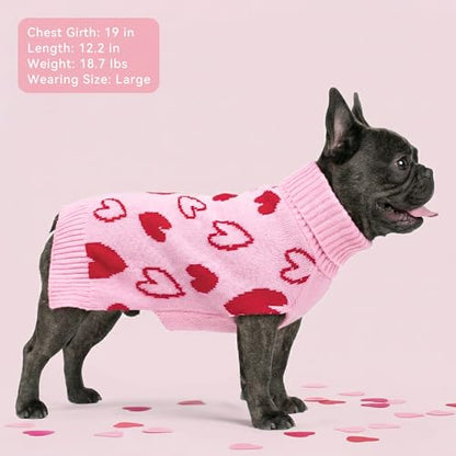 cyeollo Valentines Dog Sweater Outfit, Soft Knitted Pullover Dogs Sweaters, Warm Stretchy Turtleneck Dog Sweaters for Small Dogs Girl with Leash Hole, Comfy Heart Pattern Holiday Pet Clothes, Pink L - color: 2# Valentine's, size: Large