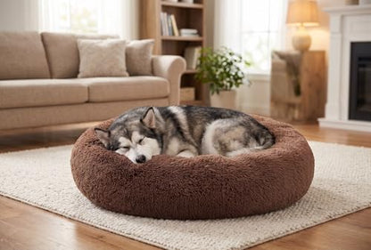 SAVFOX 36 inches Calming Donut Dog Bed - 3X Durable Plush Faux Fur, Machine Washable & Non-Slip, Fits up to 100 lbs, Brown - color: Brown, size: Large | 36"x36"