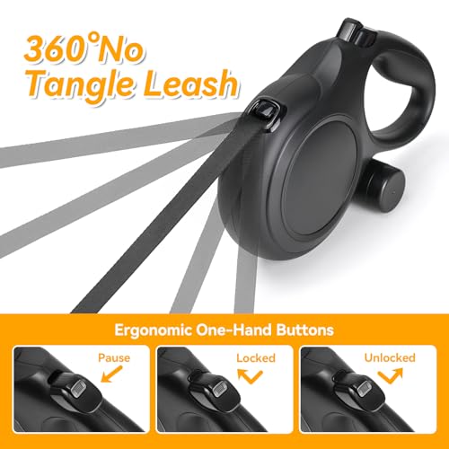 Upgraded Retractable Dog Leash with Chew Proof Cable, 26ft Heavy Duty Dog Leash for Large Dogs up to 110lbs, No-Tangle, Non-Slip Handle, One-Handed Brake, with Poop Bag Holder (Black, L 26ft) - color: Black