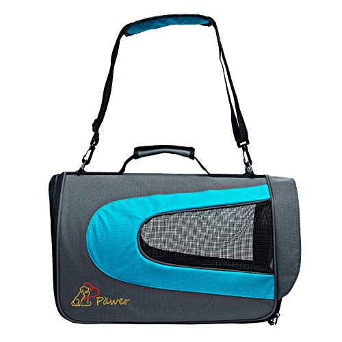 Pawer 18” x 11”x 11” Soft-Sided Foldable Airline Approved Pet Carrier for Cat, Puppy and Small Dog, Washable 600D Oxford Fabric, with Handle and Strap for Carry, Multiple Colors Available - color: Grey+Sky Blue