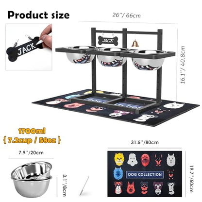 SHAINFUN Elevated Dog Bowls Stand for Medium/Large Dogs with Mat, 6 Height Adjustable Raised Dog Bowl, Three 58oz Food Water Bowls - size: Triple Dog Bowl Holder & Mat