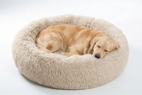 SAVFOX 36 inches Calming Donut Dog Bed - 3X Durable Plush Faux Fur, Machine Washable & Non-Slip, Fits up to 100 lbs, Beige - color: Beige, size: Large | 36"x36"