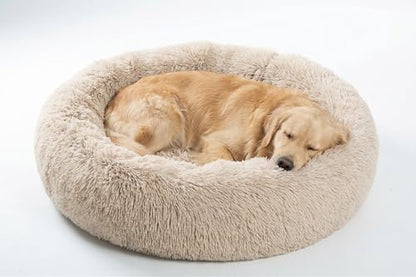 SAVFOX 36 inches Calming Donut Dog Bed - 3X Durable Plush Faux Fur, Machine Washable & Non-Slip, Fits up to 100 lbs, Beige - color: Beige, size: Large | 36"x36"