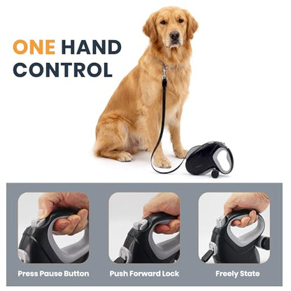 33ft Retractable Dog Leash, One-Button Control with Reflective Strips, 360° Anti Winding Non Slip Handle Lead, Long Leash Retractable with Waste Bag Dispenser for Medium Large Dog