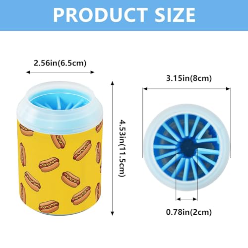 Hot Dog Yellow Pattern Dog Paw Cleaner Cup with Soft Silicone Brush, Lightweight Small Portable Muddy Paw Washer for Dogs, Easy to Use Pet Foot Cleaner