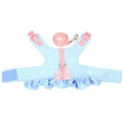 Zunea No Pull Small Dog Girl Harness Dress Escape Proof Cat Kitten Vest Harness Leash Set Step-in Soft Cotton Padded Polka Dot Jacket Chihuahua Puppy Clothes with Cute Bow for Walking Blue M - color: blue dots, size: M (Chest:16.9-17.7", Neck:10.6-11.4")