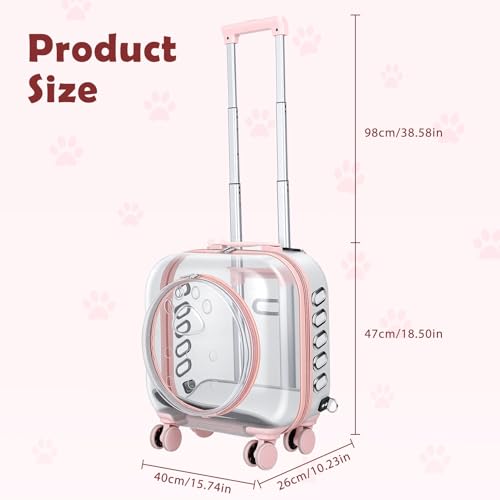 Cat Carrier with Wheels & Detachable Strap – Rolling Pet Trolley with Telescopic Handle, Transparent Hard Shell, Silent Wheels, Ventilated Design for Travel, Walking, Vet Visits for Small - color: Pink