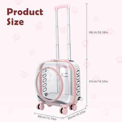 Cat Carrier with Wheels & Detachable Strap – Rolling Pet Trolley with Telescopic Handle, Transparent Hard Shell, Silent Wheels, Ventilated Design for Travel, Walking, Vet Visits for Small - color: Pink