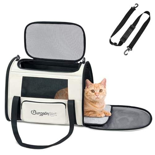 BurgeonNest Pet Carrier for Large Cats, Soft-Sided Cat Carrier for Big Cats and Small Dogs Up to 20 lbs, Top Loading Collapsible Escape-Proof Travel Cat Bag with 4 Mesh Windows & Side Storage, Beige - color: Beige, size: 17.7"L x 12.0"W x 12.5"H