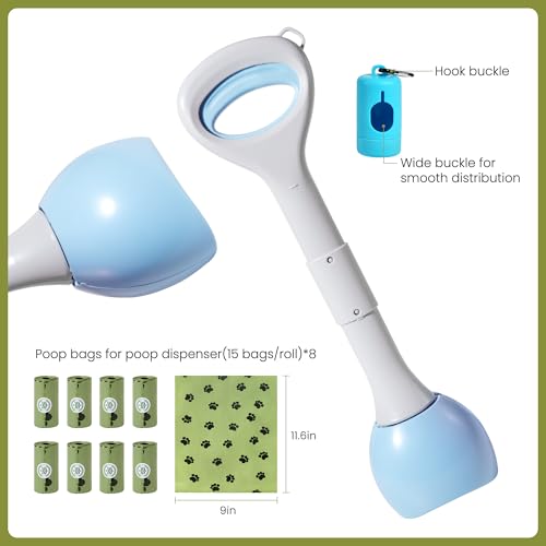 Dog Pooper Scooper Portable with Bag Attachment, One Handed Foldable Design, Includes 120 Waste Bags and Dispenser, 19 Inch Handle for Grass Yard Gravel Cleanup (Blue) - color: Blue + 120 garbage bags + dispenser