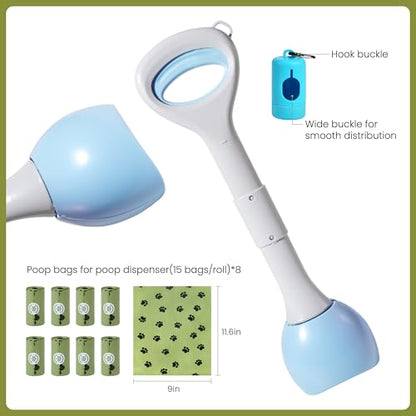 Dog Pooper Scooper Portable with Bag Attachment, One Handed Foldable Design, Includes 120 Waste Bags and Dispenser, 19 Inch Handle for Grass Yard Gravel Cleanup (Blue) - color: Blue + 120 garbage bags + dispenser