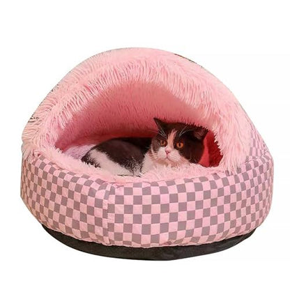 ound Hooded Cat Bed and Dog Bed with Covered Cave, Cat Bed for Small Dogs, Faux Fur Cuddle Pillow Round Recessed Cat Bed, Automatic Warming Donut Cat Bed (Pink) - color: pink