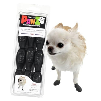 PawZ Rubber Dog Boots for Tiny Paws - All-Weather Waterproof Dog Shoes, Anti-Slip Traction for Rain, Snow, Mud & Hot Pavement - Pull-On Dog Booties, Black - Tiny (0.5" - 1") - Pack of 12 - size: Tiny