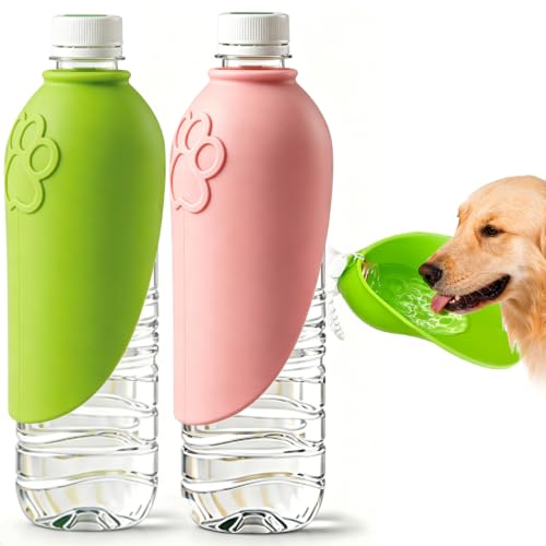 2pcs Portable Dog Water Bottle Attachment, Slip-on Pet Water Bowl for Walks | Foldable Silicone Dog Drink Dispenser, Fits Standard Water Bottles, Ideal For Daily Hiking & Travel, Quick Rinse & Easy Setup - color: Green+Pink