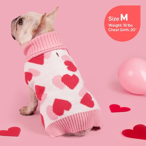 KYEESE Valentines Dog Sweater, Turtleneck Small Dog Sweater, Warm Pet Clothes with Heart Print, Stretchy Pullover Dogs Sweaters for Small Dogs, Comfy Pet Coat with Leash Hole, S - color: 1#Valentine, size: Small (4-7lbs)