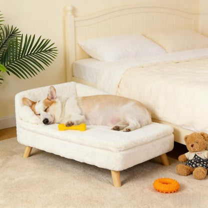 Elevated Dog Bed Couch Sofa: Wooden Dog Chair with Bolster Cushion for Small Dogs Cats Cute Pet Chaise Soft Cushion Washable, 31.7 x 18.9 Inches - size: 31.7"x 18.9"x9.3"