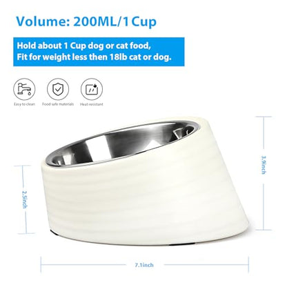 Uppetly Tilted Slanted Dog Bowl 1 Cup, 15° Tilted Stainless Steel Dog Cat Food Bowl, Non-Slip & Non-Spill Pet Feeder with Elevated Detachable Melamine Stand, Easy to Get Food Dish, Medium White