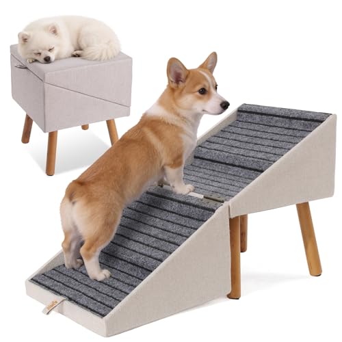 17.13" H Dog Stairs for Small Dogs, 2-in-1 Pet Steps & Ottoman - Foldable Dog Stairs for Couch, Non-Slip Wooden Pet Stairs for Puppy Senior Injured Dogs - color: Light Beige, size: XL(17.13H)
